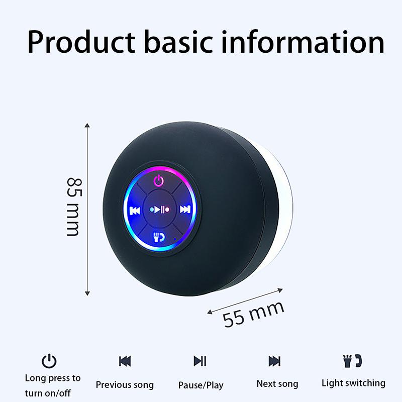 Portable mini Bluetooth shower speaker with variable LED lights, iPX4 waterproof, hands-free speaker, wireless stereo rechargeable, suitable for beaches, showers, and homes, a must-have for families Waterproof LED Speaker Shower Speaker with Suction Cup